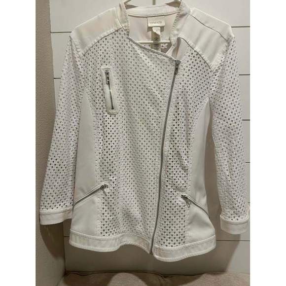 Chico's Jackets & Blazers - Chicos White Diamond Mesh Moto Jacket Womens Size 4 Asymmetric Zip Mixed Media
